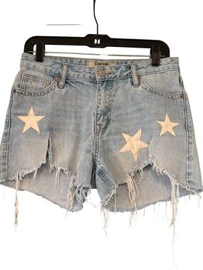 Rock&Roll Denim Leather Patch Star Light Wash Jean Shorts, Sz 26 (runs large)